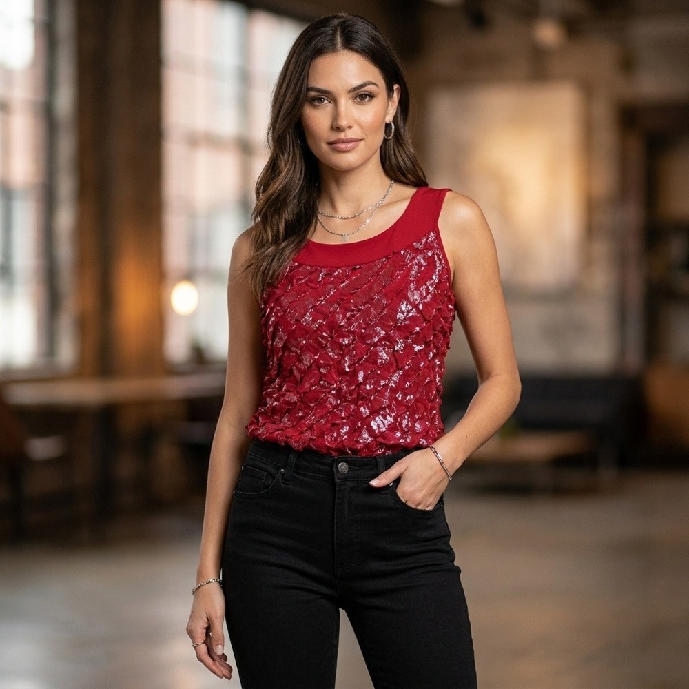 Vintage Harvé Benard Red Metallic Shimmer Ruffled Tank Top Women L Made in USA